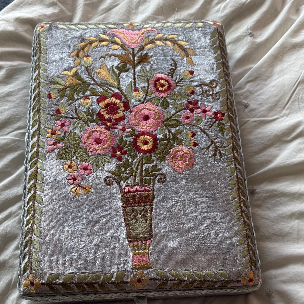 Floral Embroidered Silver Velvet Jewelry Box